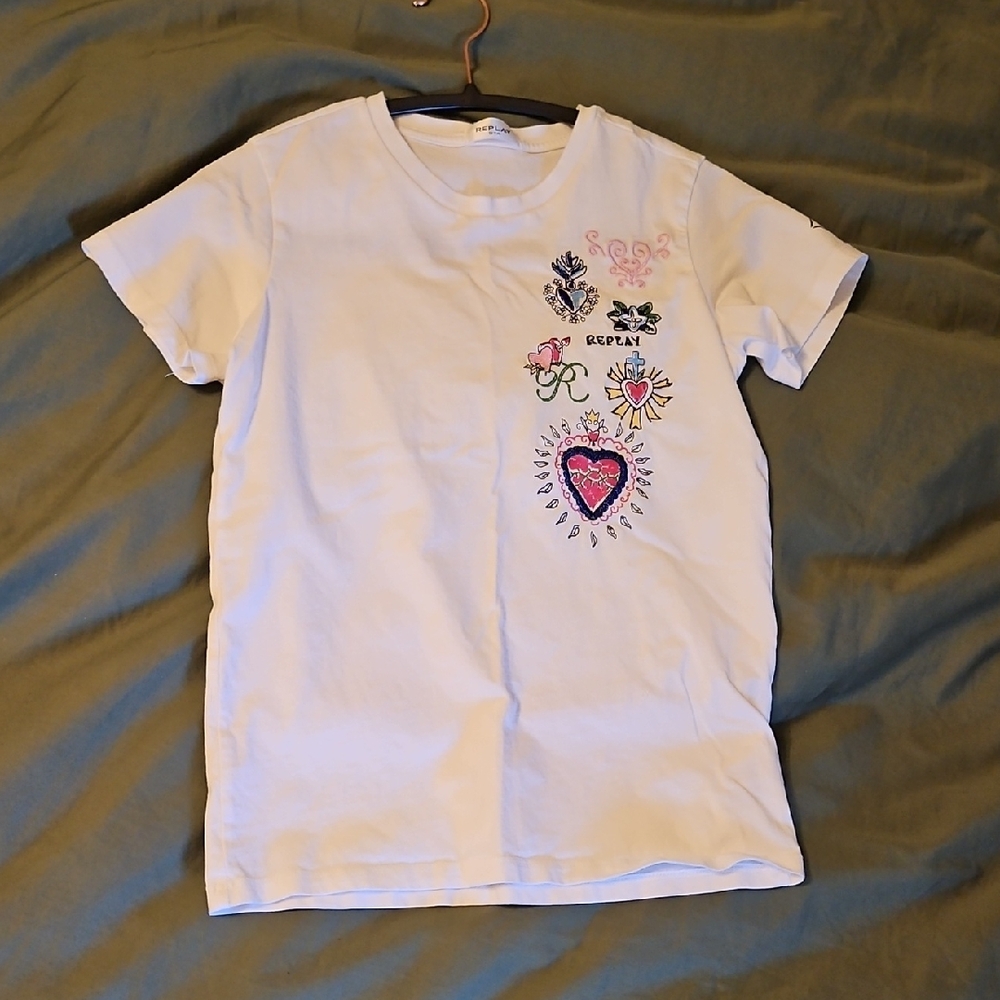 Replay Embroidered Colorful Hearts White Tee XS